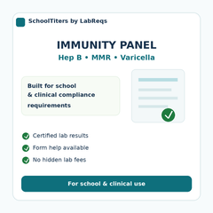 Immunity Panel - Hepatitis B, MMR & Varicella Titer Panel compliance details